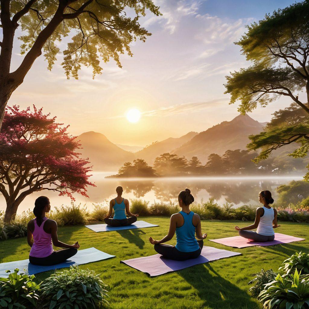 A serene landscape depicting a diverse group of people engaging in various healthy lifestyle activities like yoga, meditation, and gardening, symbolizing resilience and wellness. The background features a soft sunrise, representing hope and new beginnings, with an inclusion of cancer awareness ribbons subtly integrated into the scenery. The atmosphere should evoke a sense of calm and strength, showcasing harmony between nature and personal wellness. vibrant colors. tranquil setting. soft illumination.