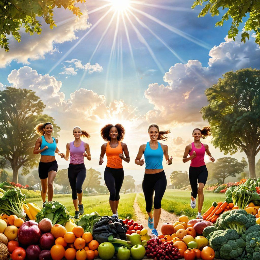 A serene landscape featuring a diverse group of people engaging in joyful fitness activities, surrounded by fresh fruits and vegetables symbolizing nutrition. Integrate subtle cancer awareness symbols like ribbons in the background, while showing rays of sunlight breaking through clouds, representing hope. The overall tone should be uplifting and motivational, capturing the essence of wellness and resilience. vibrant colors. super-realistic.